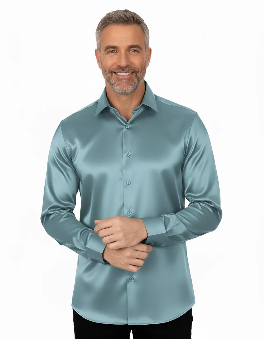 Turquoise Satin Plain Satin Classic Men’s Shirt