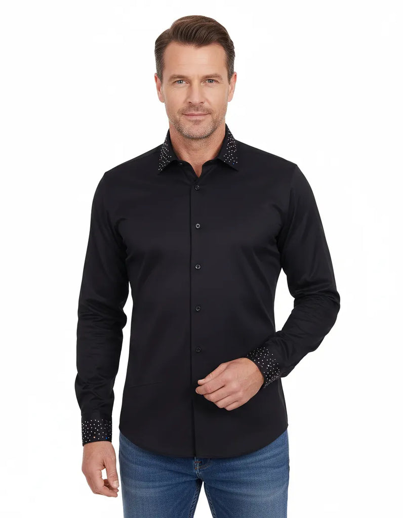 Men’s Black Dress Shirt with Crystal-Studded Collar and Cuffs