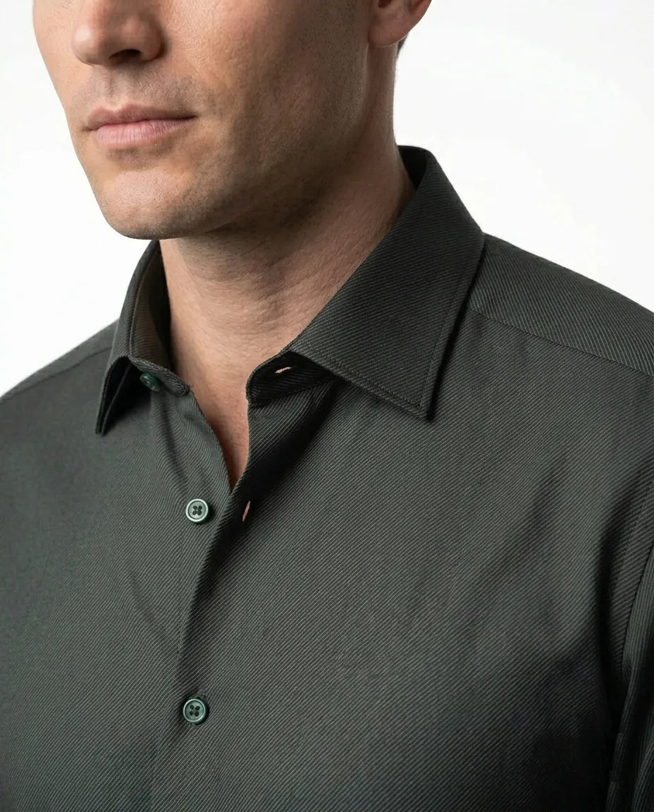 Dark Green Casual Twill Double Cuff Long Sleeve Shirt