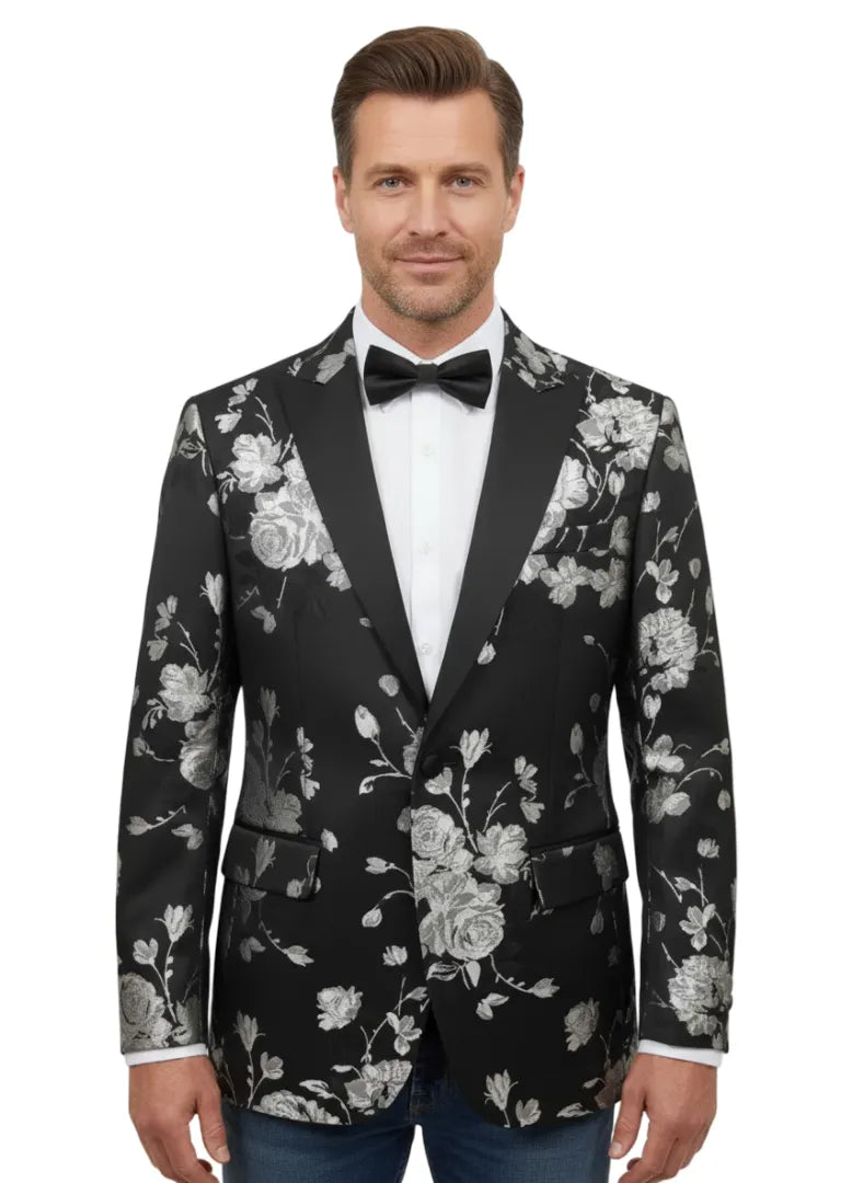Black Flower Design Blazer with Contrasting Lapel