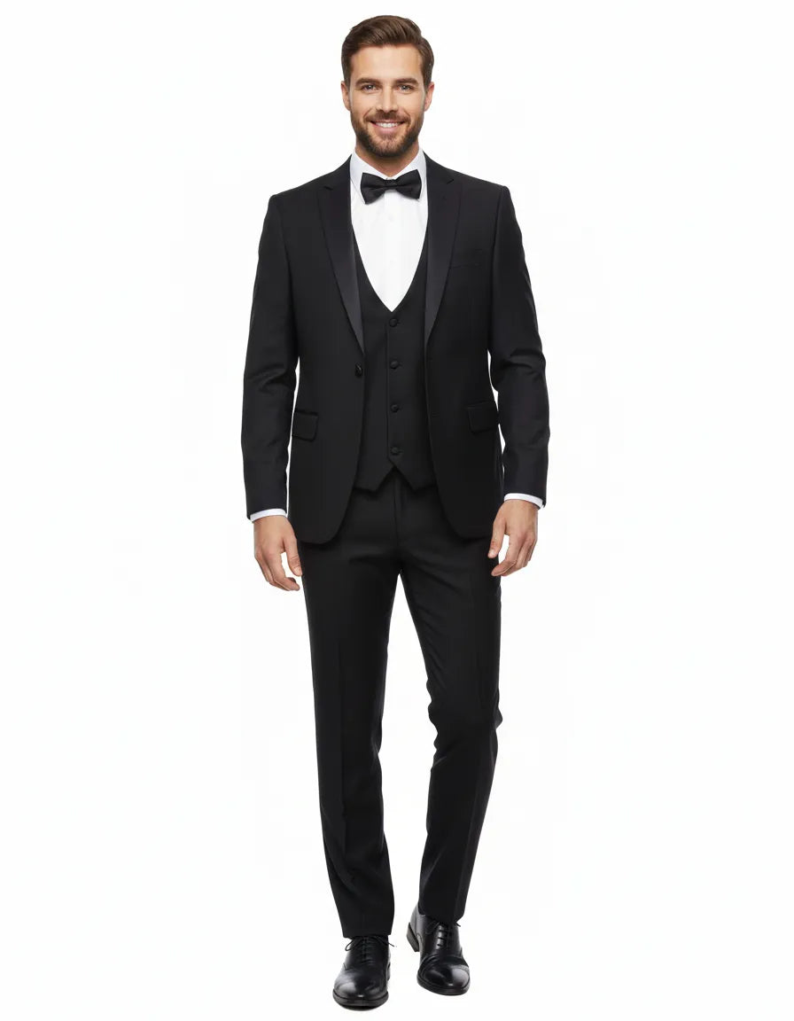 Black Tuxedo 4 Piece Suit Contrasting Lapel
