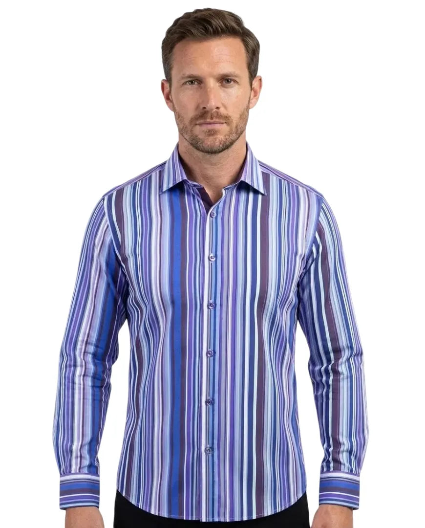 Dark Blue Stripe Print Shirt with Matching Handkerchief