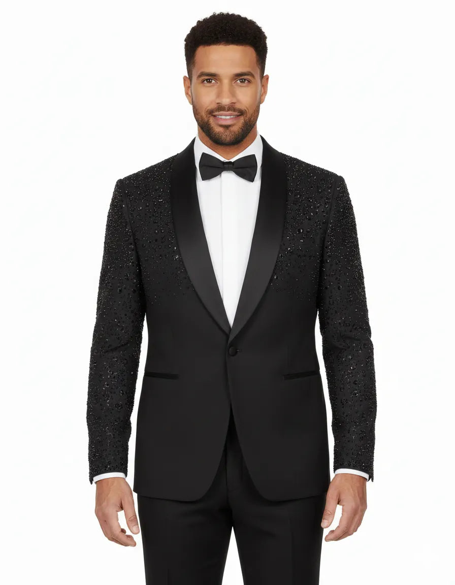 Black Tuxedo 3 Piece Suit Contrasting Lapel wtih Beaded Detailing