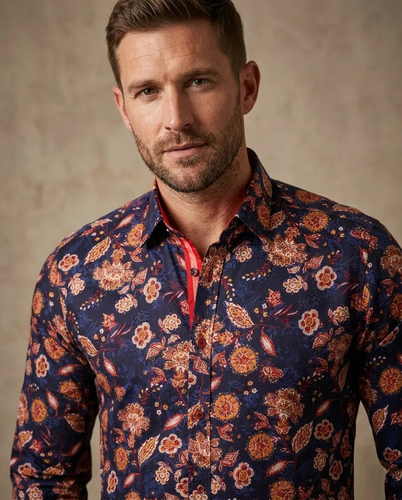 Dark Blue Paisley Print Men's Shirt with Matching Handkerchief