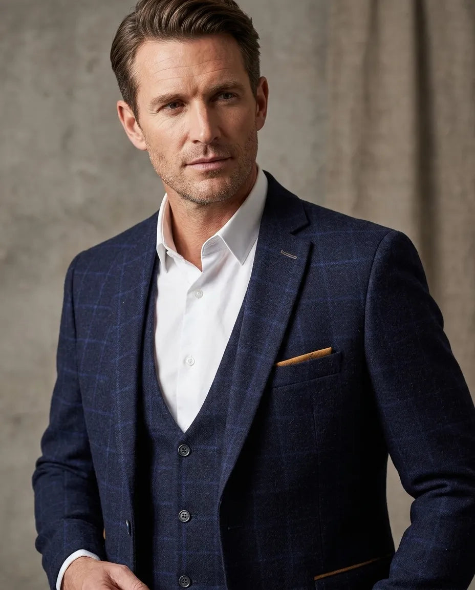Dark Blue 3 Piece Check Suit