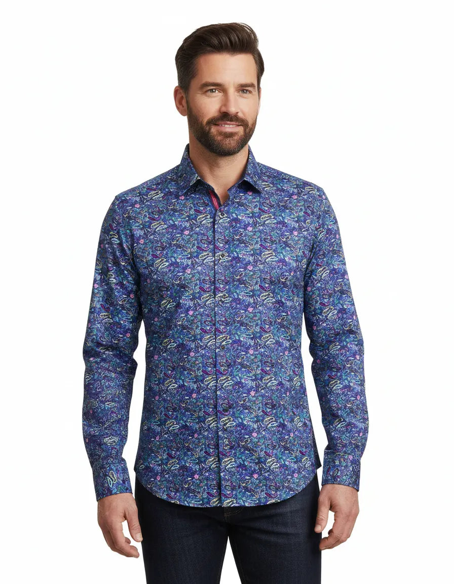 Dark Blue Paisley Print Men's Shirt with Matching Handkerchief