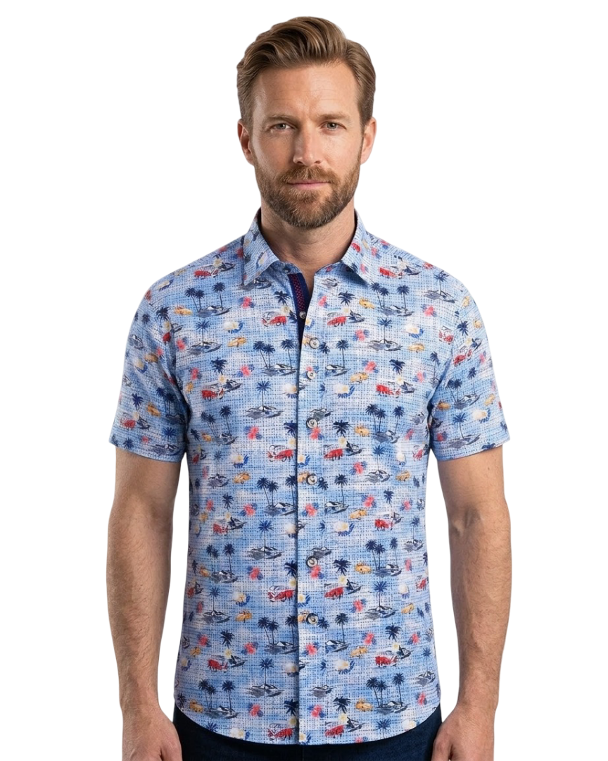 Blue Retro Cars Print Short Sleeve Shirt