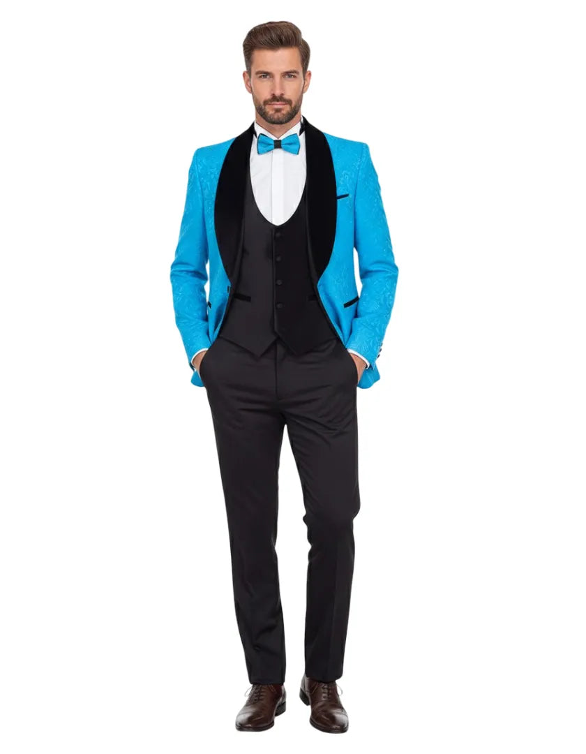 Four Piece Turquoise & Black Tuxedo Wedding Suit