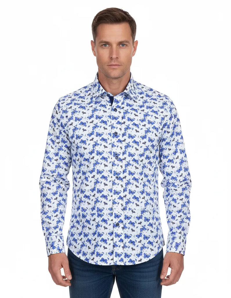 Blue Butterfly Print Shirt with Matching Handkerchief
