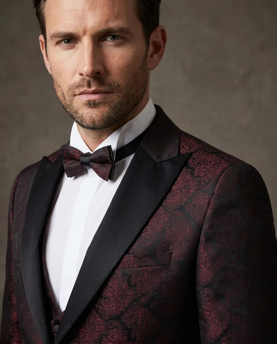 Burgundy Paisley Contrasting Lapel Blazer & Waistcoat