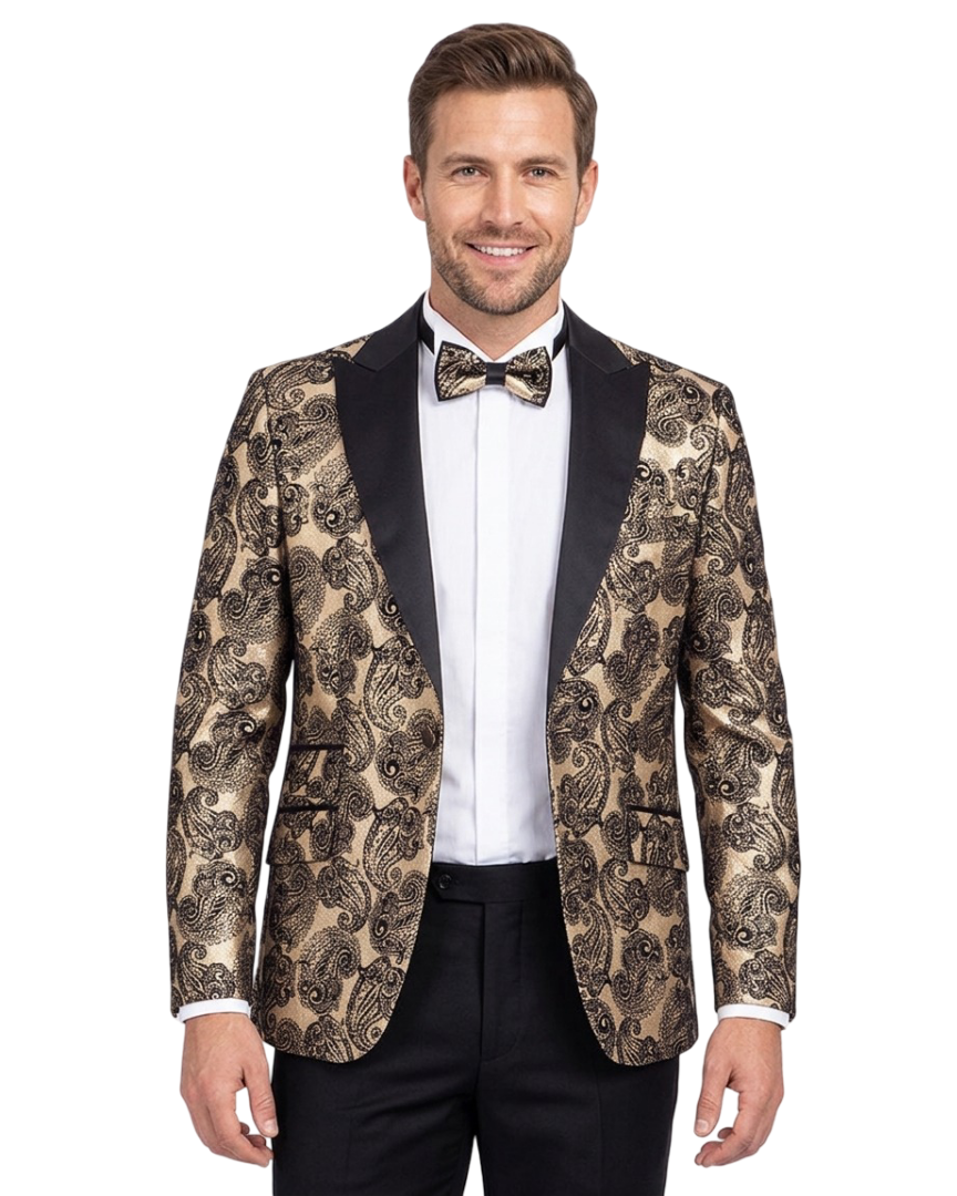 Gold & Black Paisley Velvet Design Blazer with Contrasting Lapel & Matching Bow Tie