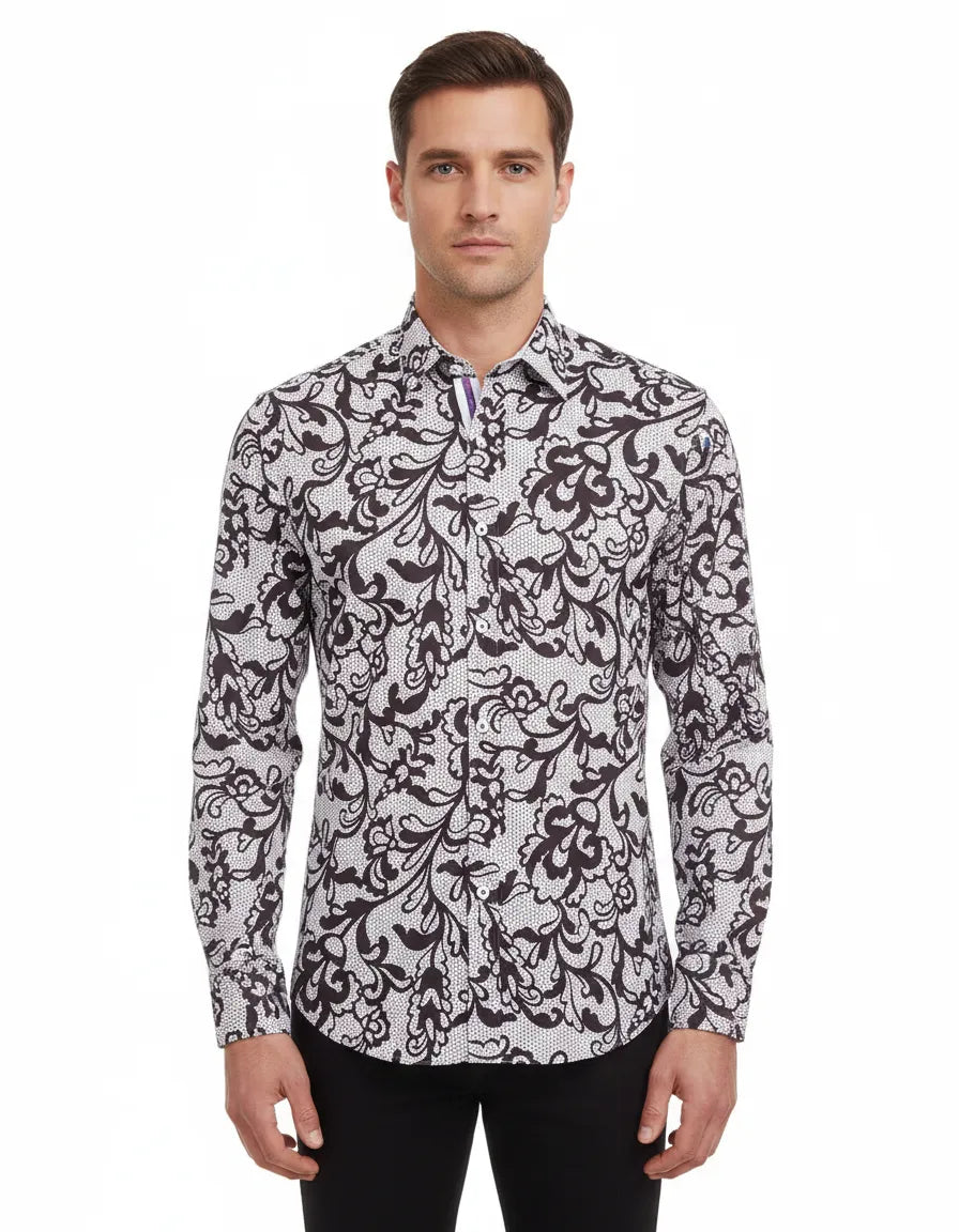 Grey Paisley Embroidery Print Shirt