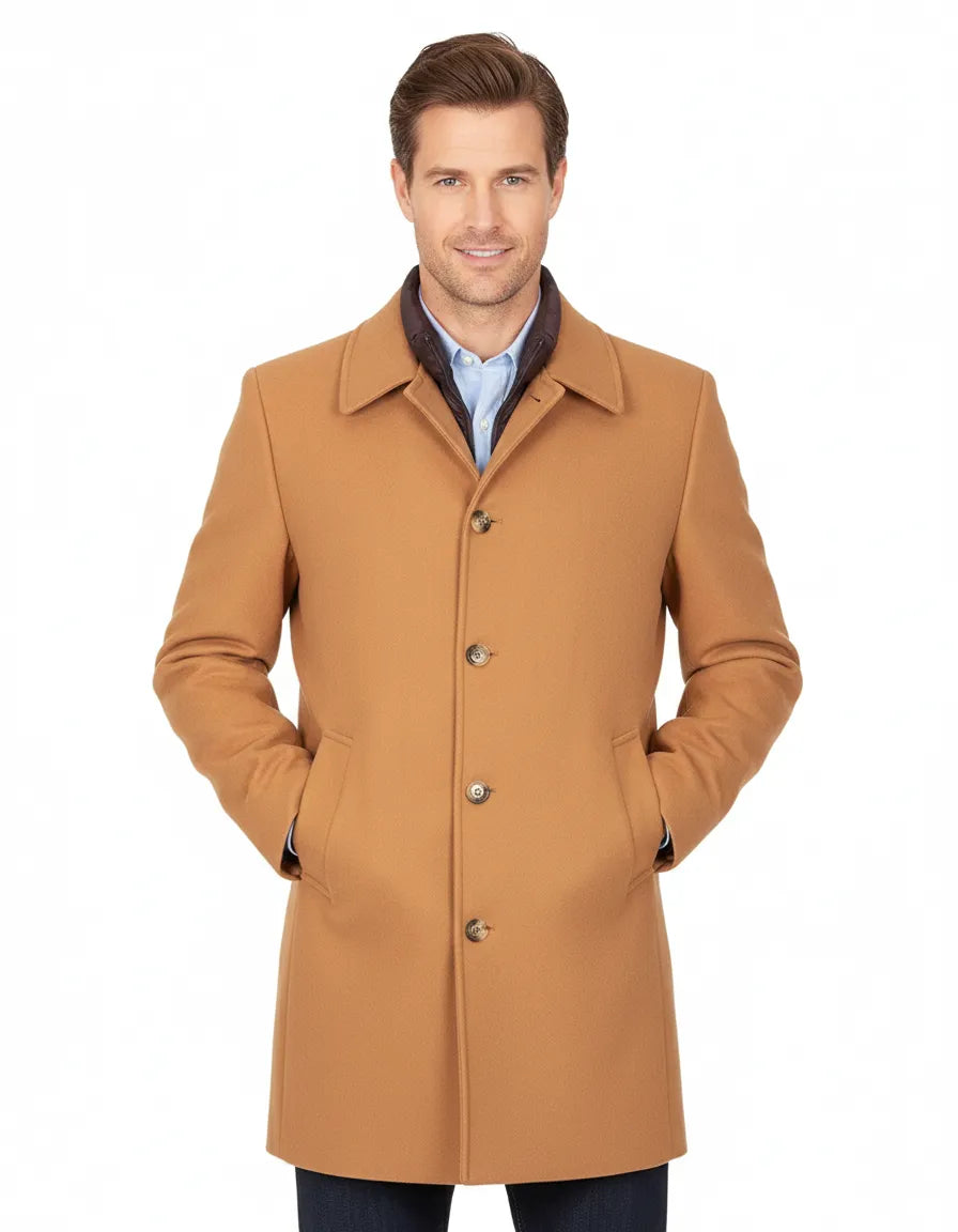 Camel Single-Breasted Overcoat with Removable Quilted Inner Layer