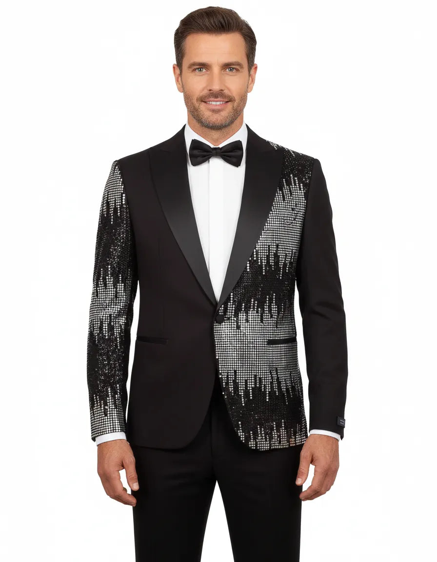Black Tuxedo 3 Piece Suit Contrasting Lapel with Crystal Embellishments