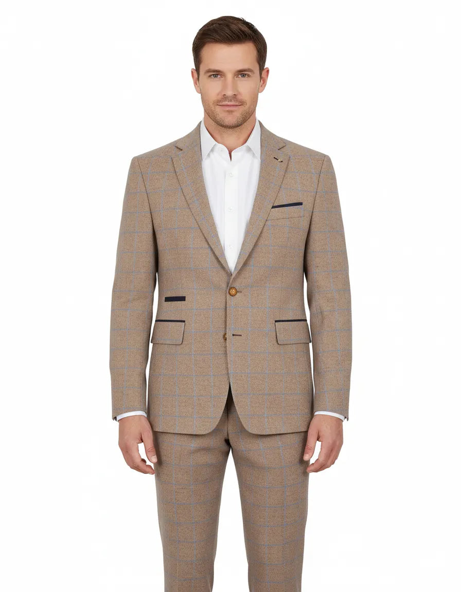 Beige 3 Piece Check Suit