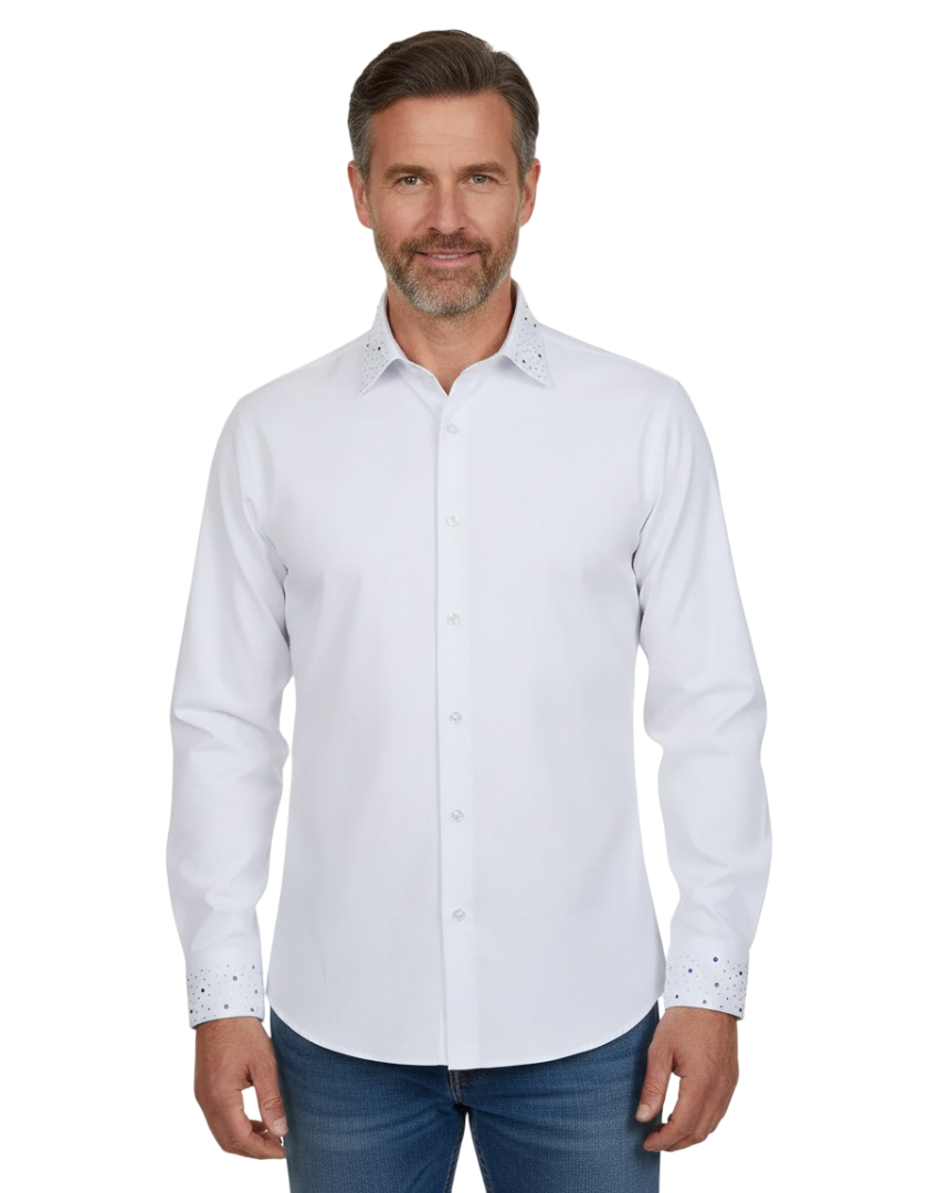 Men’s White Dress Shirt with Crystal-Studded Collar and Cuffs