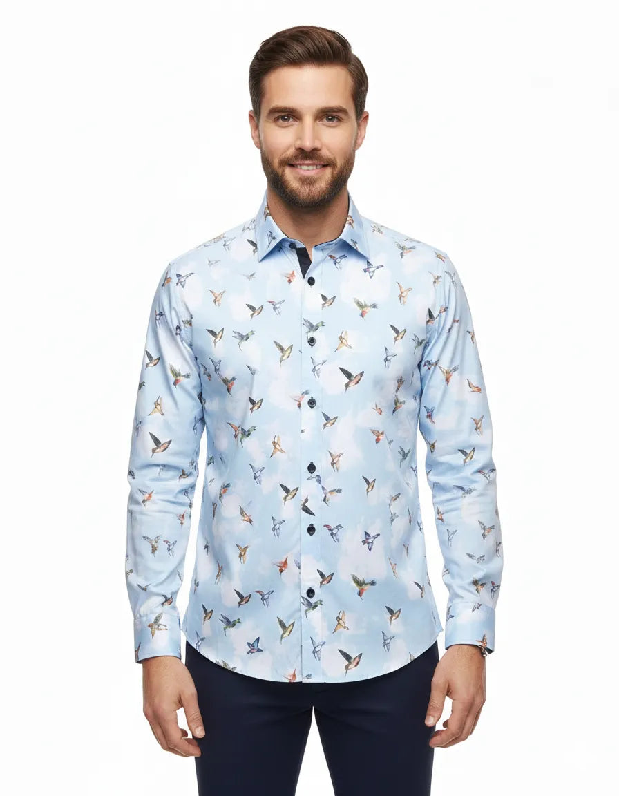 Blue Colourful Mockingbird Print Men's Shirt