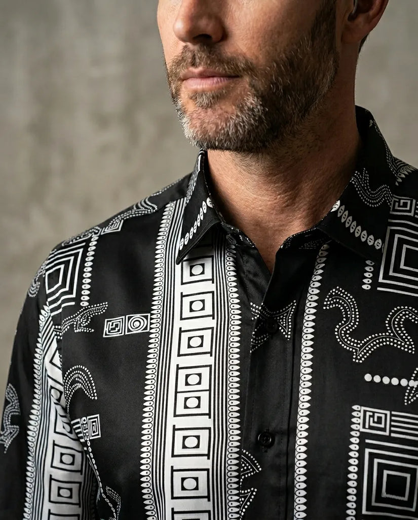 Black Baroque Print Long Sleeve Satin Men`s Shirt