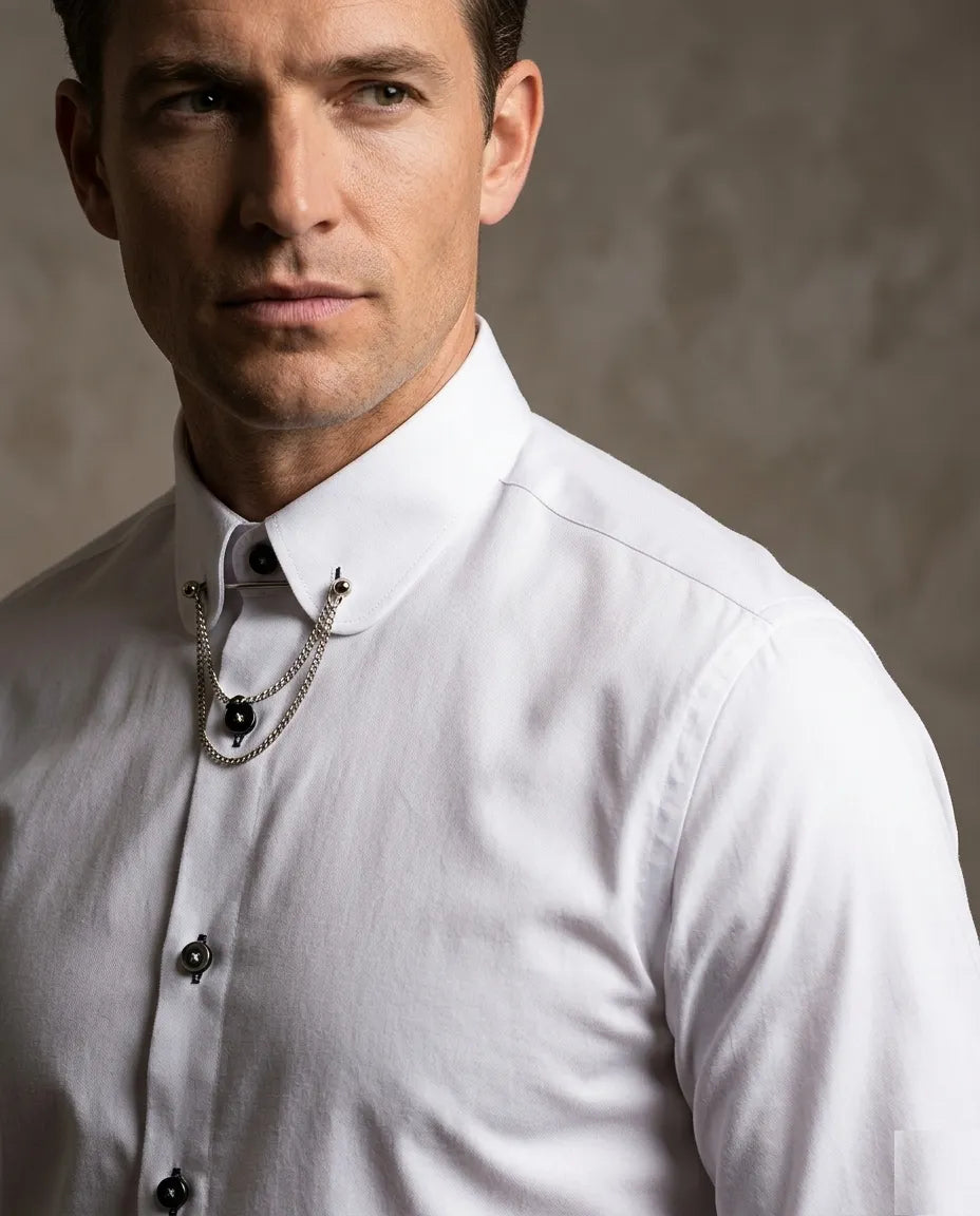 White Round Collar Pin Shirt