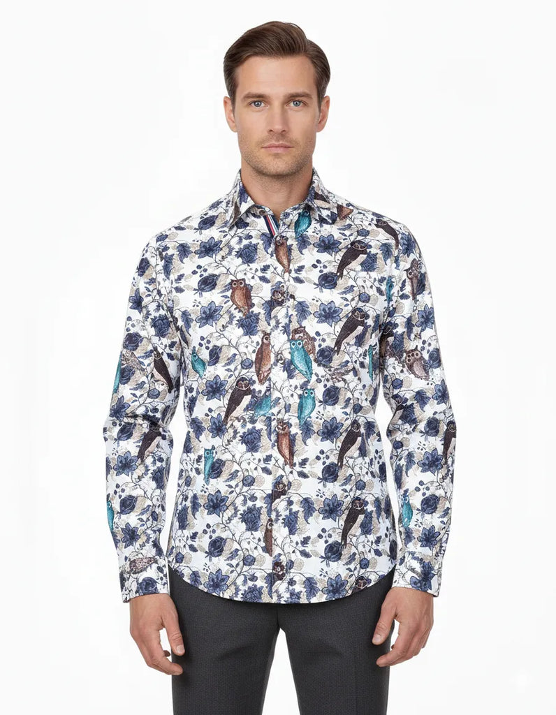 Beige Owl Print Men's Shirt with Matching Handkerchief