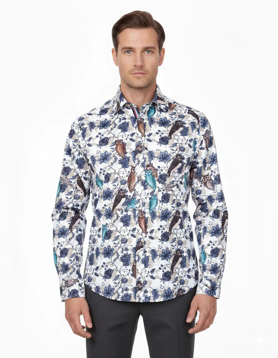 Beige Owl Print Men's Shirt with Matching Handkerchief