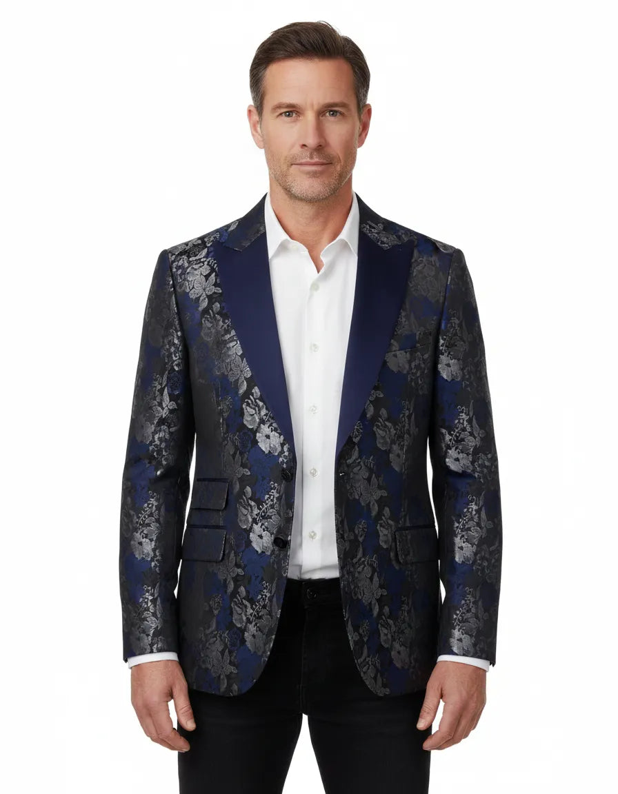 Dark Blue Floral Printed Men's Blazer