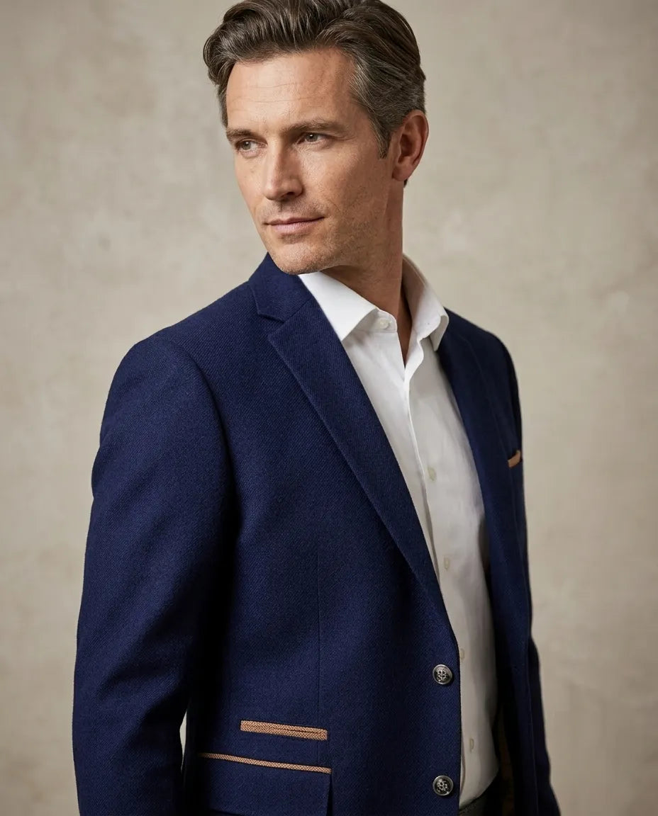 Dark Blue Fashion Blazer and Waistcoat With Piping Pocket