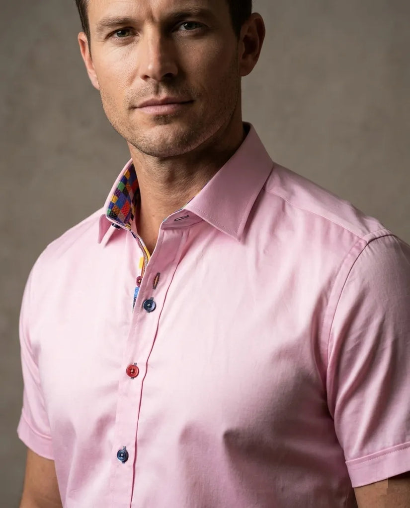 Pink Plain Colourful Buttons Short Sleeve Shirt
