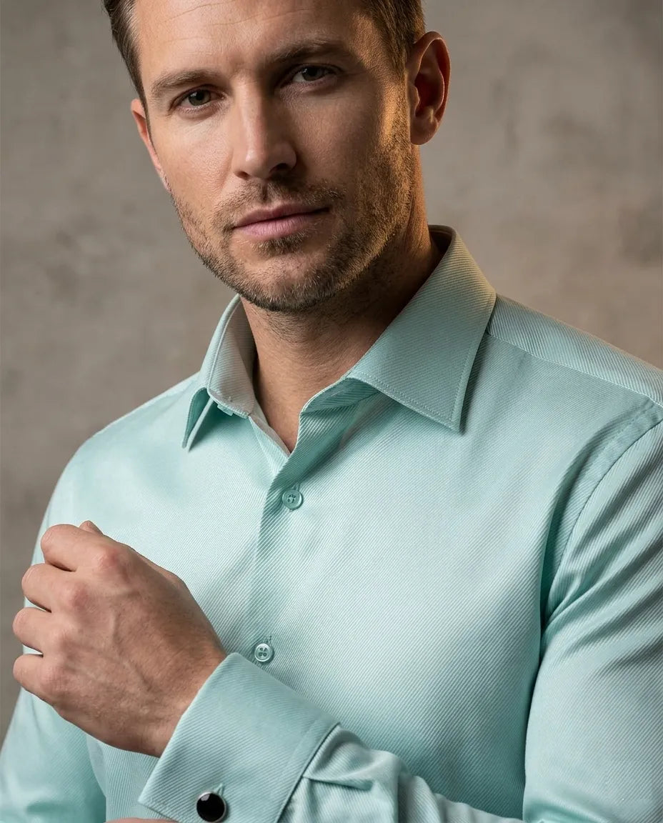 Green Casual Twill Double Cuff Long Sleeve Shirt