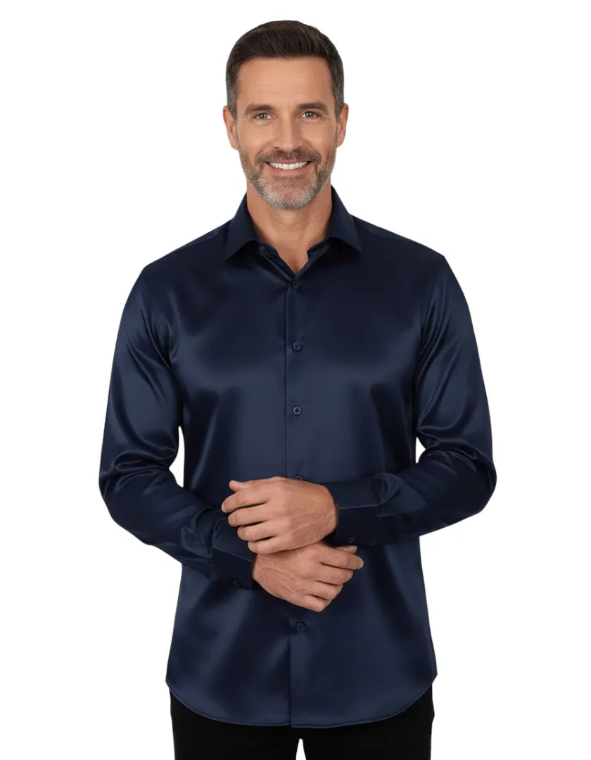 Dark Blue Shiny Plain Satin Classic Men’s Shirt