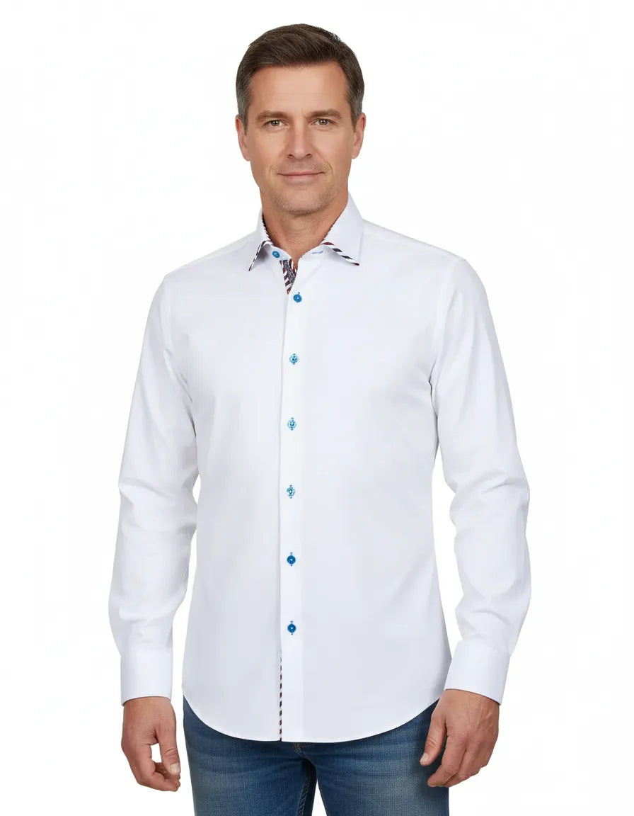 White Plain Contrast Stripe Collar and Cuffs Long Sleeve Shirt