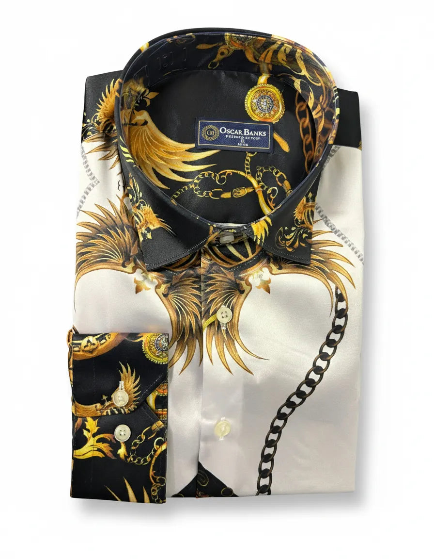 Gold Baroque Print Long Sleeve Satin Men`s Shirt-Makrom