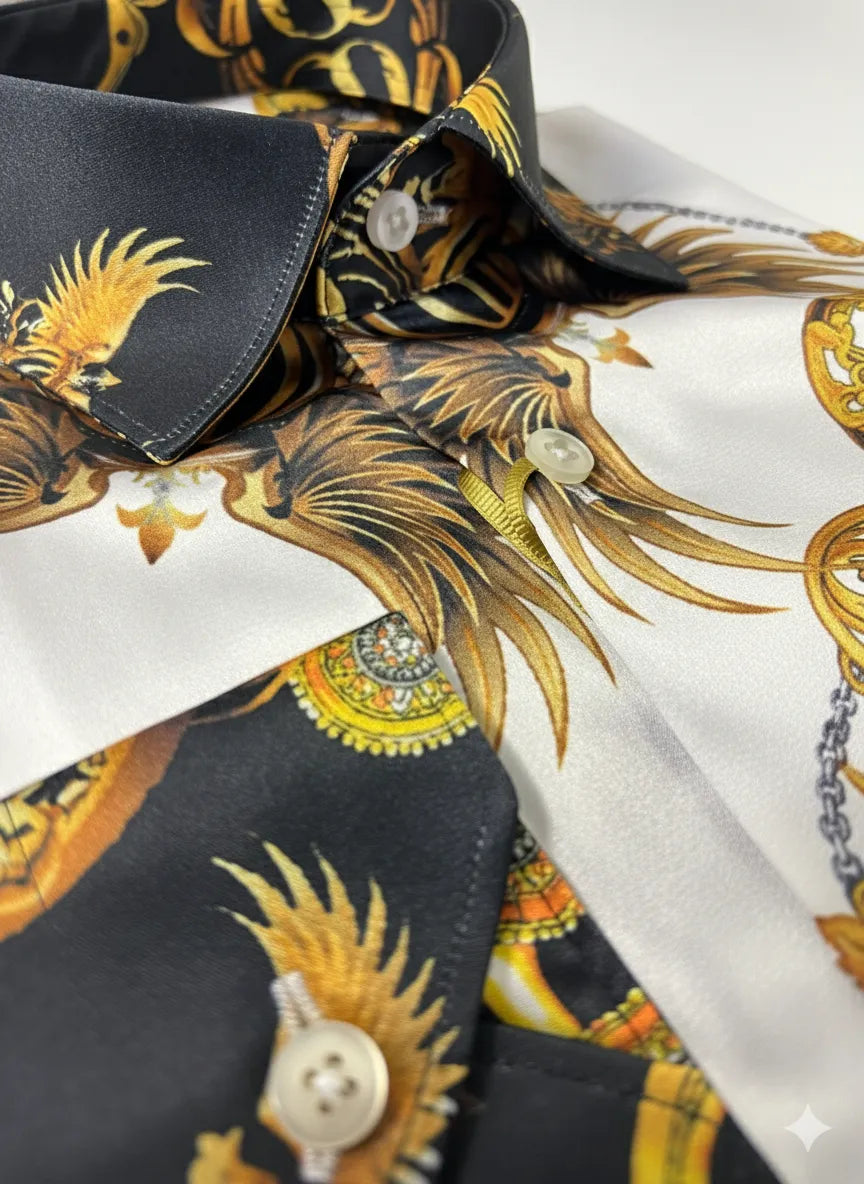 Gold Baroque Print Long Sleeve Satin Men`s Shirt-Makrom