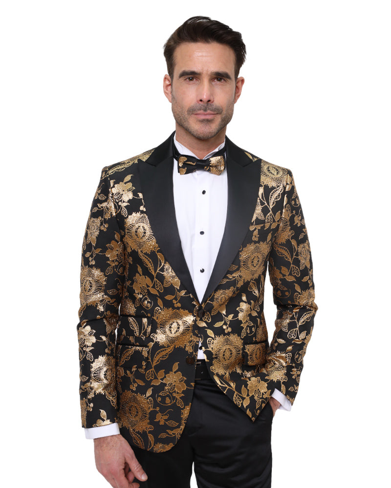Gold & Black Floral Design Blazer with Contrasting Lapel & Matching Bow Tie-Makrom