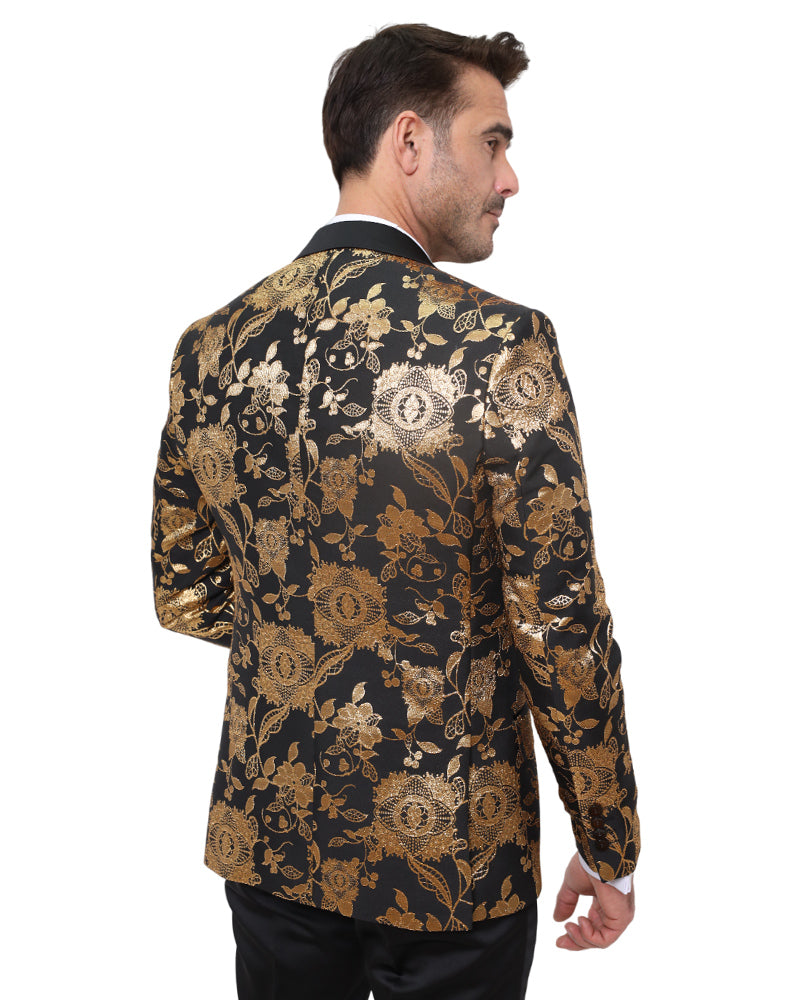 Gold & Black Floral Design Blazer with Contrasting Lapel & Matching Bow Tie-Makrom