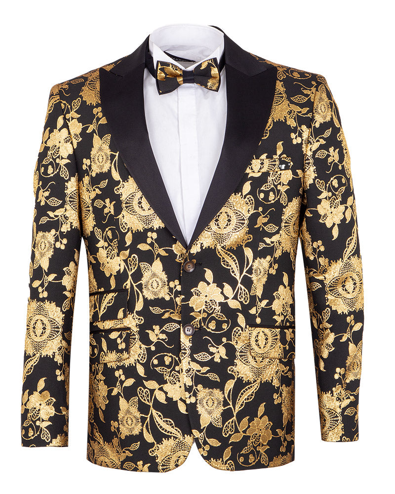 Gold & Black Floral Design Blazer with Contrasting Lapel & Matching Bow Tie-Makrom