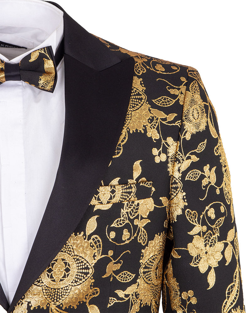 Gold & Black Floral Design Blazer with Contrasting Lapel & Matching Bow Tie-Makrom