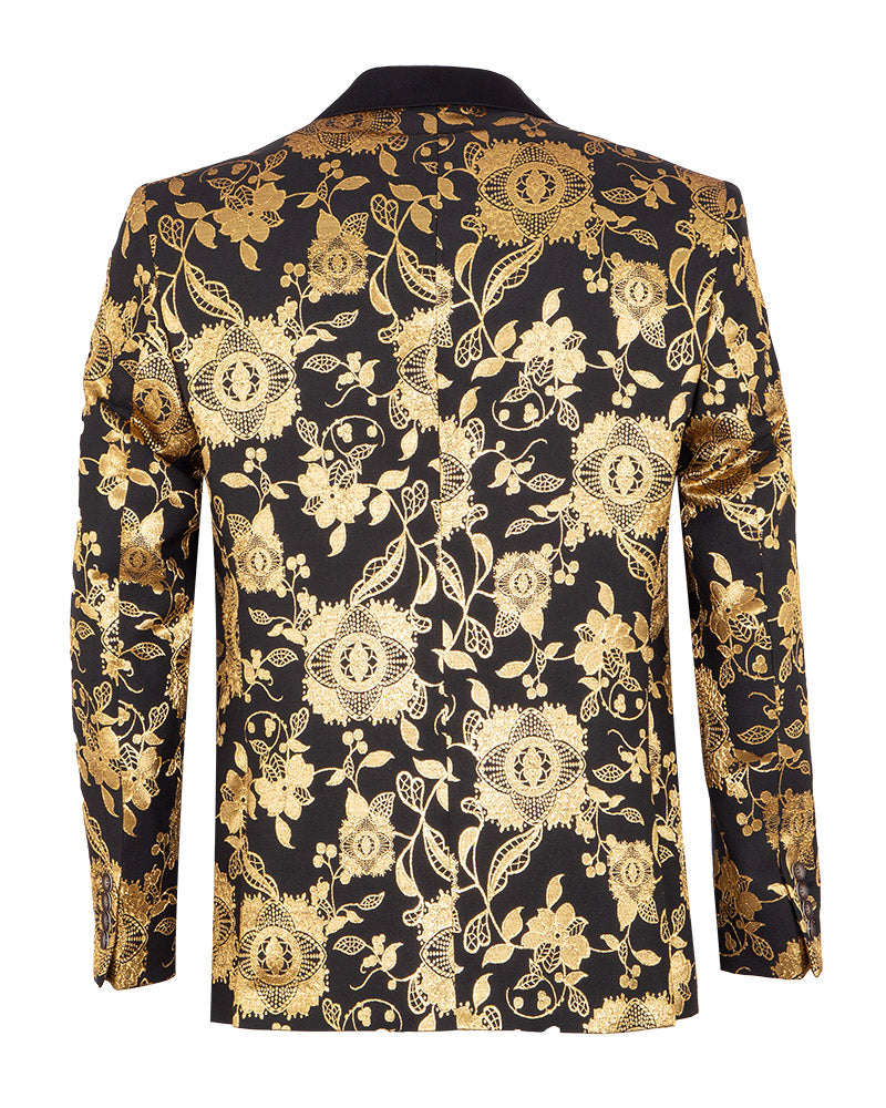 Gold & Black Floral Design Blazer with Contrasting Lapel & Matching Bow Tie-Makrom