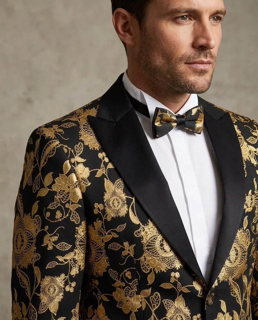 Gold & Black Floral Design Blazer with Contrasting Lapel & Matching Bow Tie