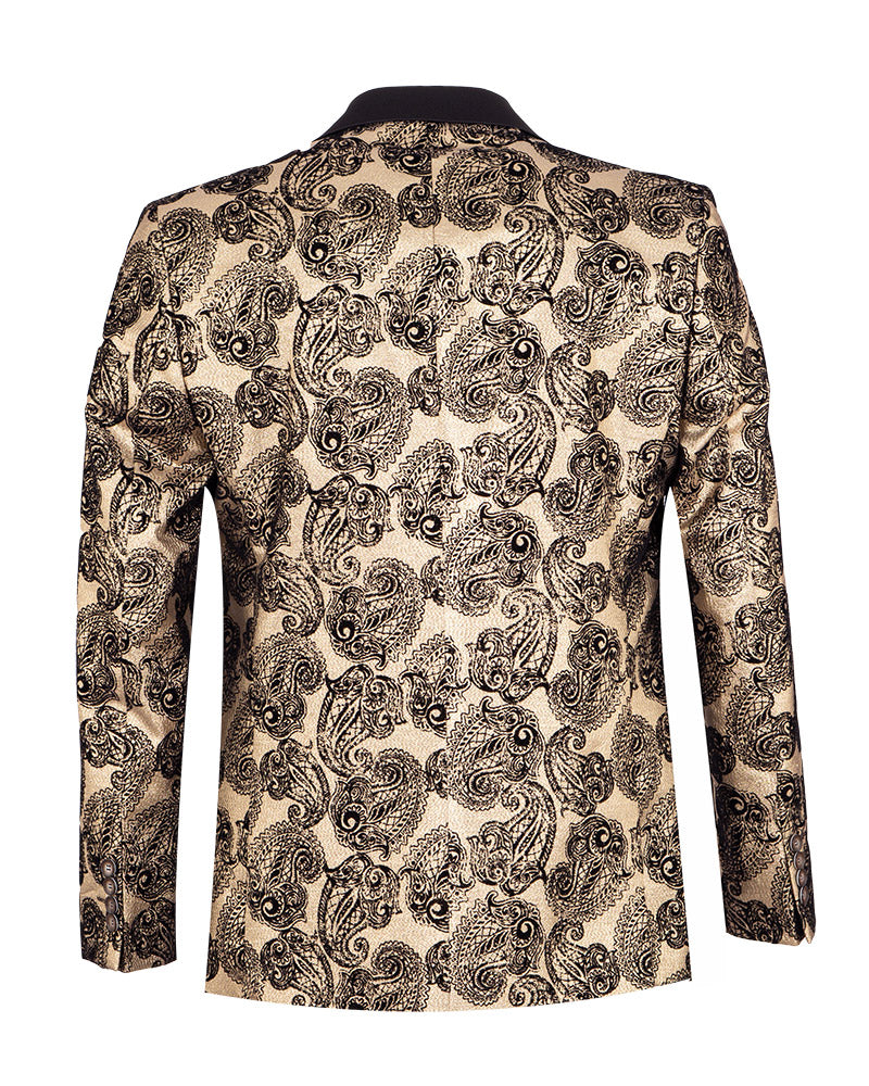 Gold & Black Paisley Velvet Design Blazer with Contrasting Lapel & Matching Bow Tie-Makrom