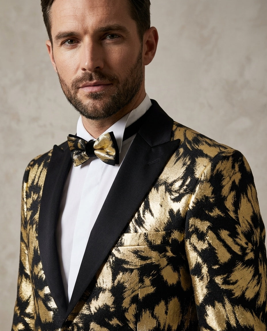 Gold Glitter Brush Print Blazer with Contrasting Lapel & Matching Bow Tie