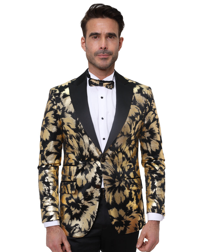 Gold Glitter Brush Print Blazer with Contrasting Lapel & Matching Bow Tie-Makrom