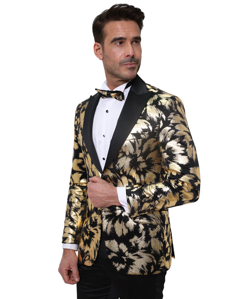 Gold Glitter Brush Print Blazer with Contrasting Lapel & Matching Bow Tie-Makrom