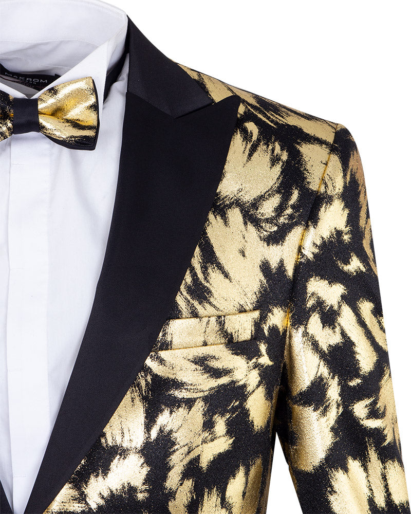 Gold Glitter Brush Print Blazer with Contrasting Lapel & Matching Bow Tie-Makrom