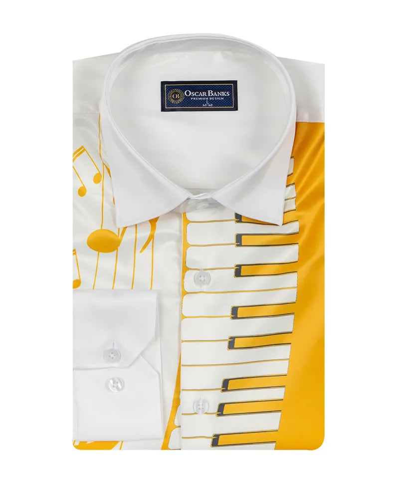 Gold Musical Print Satin Men`s Shirt-Makrom