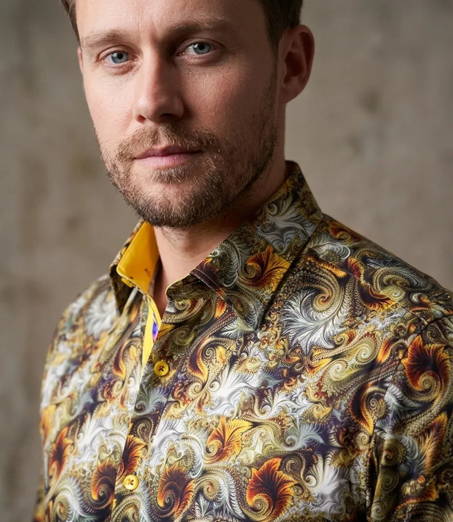 Gold Paisley Print Shirt with Matching Handkerchief