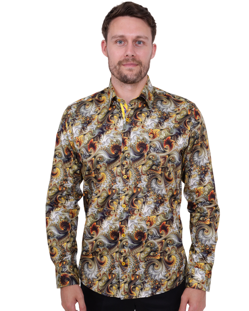 Gold Paisley Print Shirt with Matching Handkerchief-Makrom