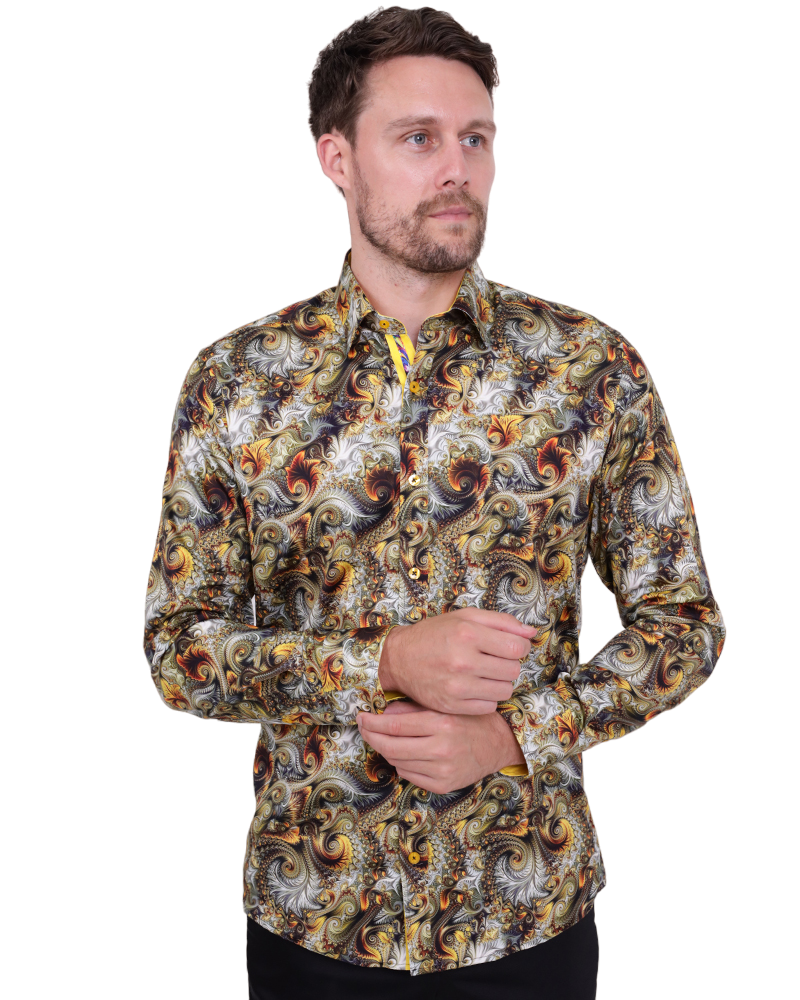 Gold Paisley Print Shirt with Matching Handkerchief-Makrom