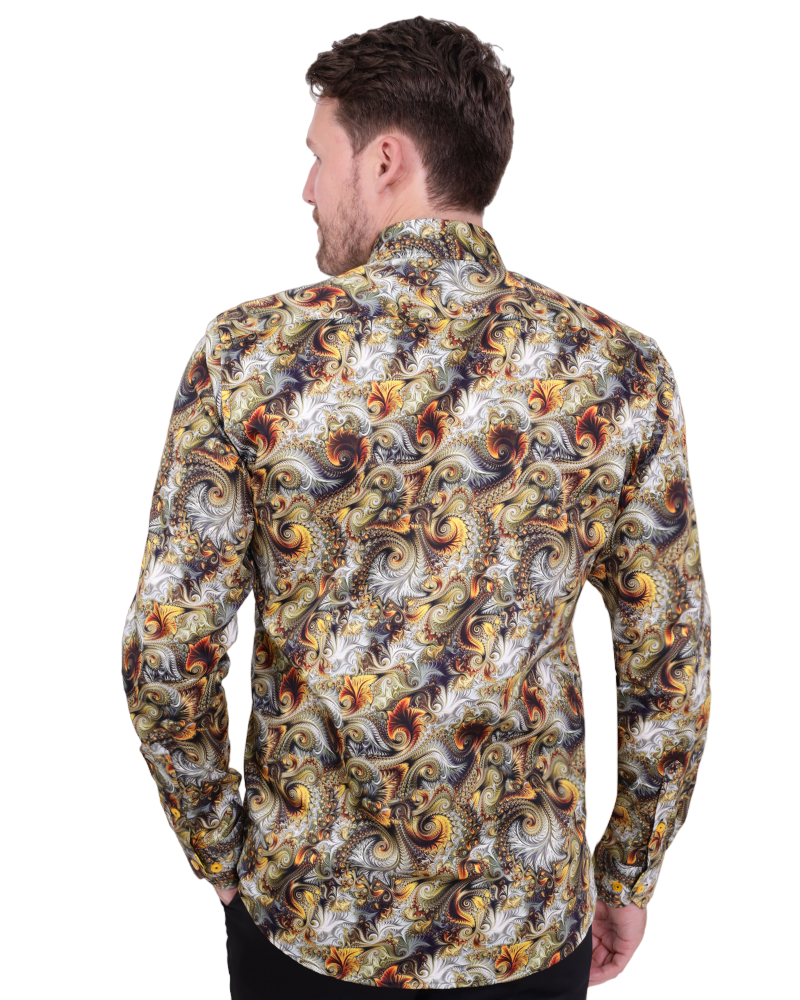 Gold Paisley Print Shirt with Matching Handkerchief-Makrom