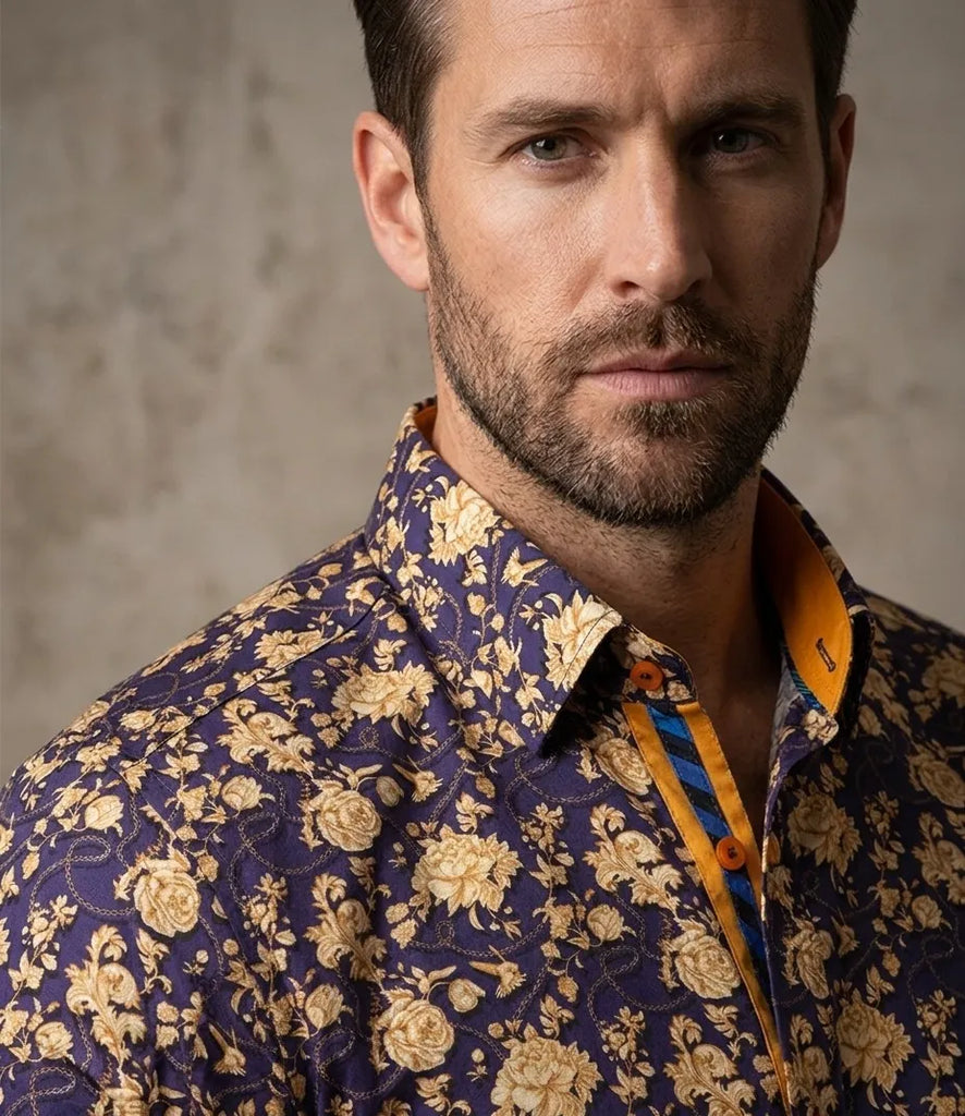 Gold Rose Print Shirt with Matching Handkerchief